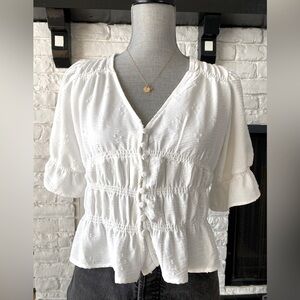 White Button-Up Ruffled Summer Top Size Medium